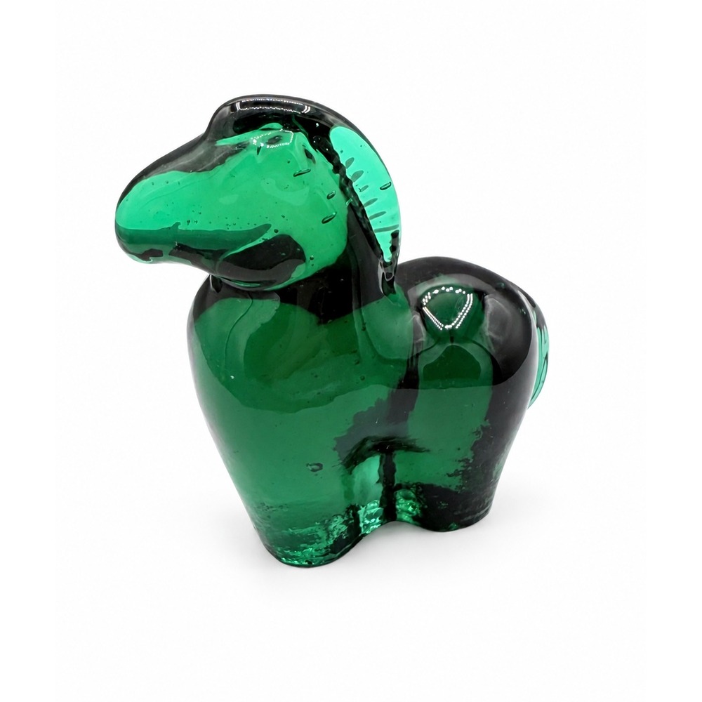 Vintage Mid Century Hand Blown Green Art Glass Horse Figurine 3"